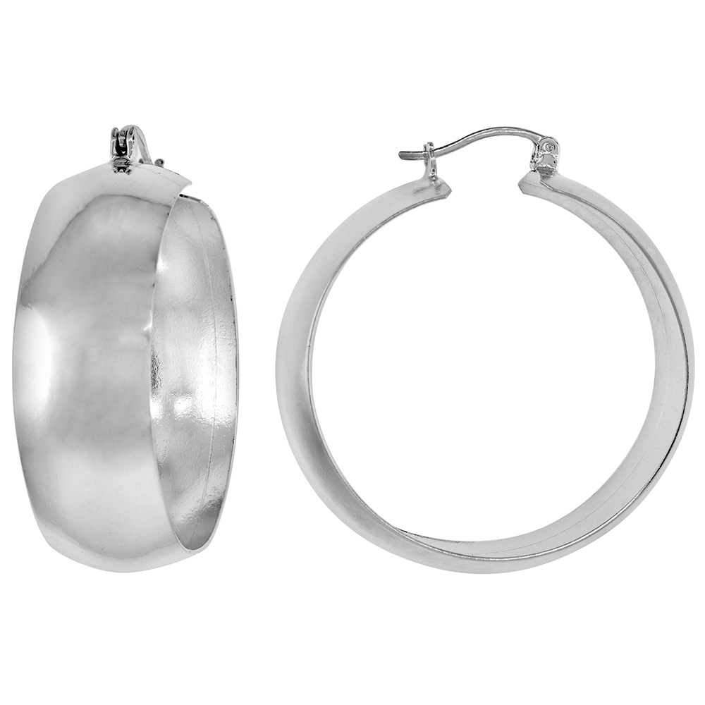 1 3/8 inch Sterling Silver Wide Hoop Earrings for Women Click Top Closure High Polished Handmade 7/16 inch (11mm) wide
