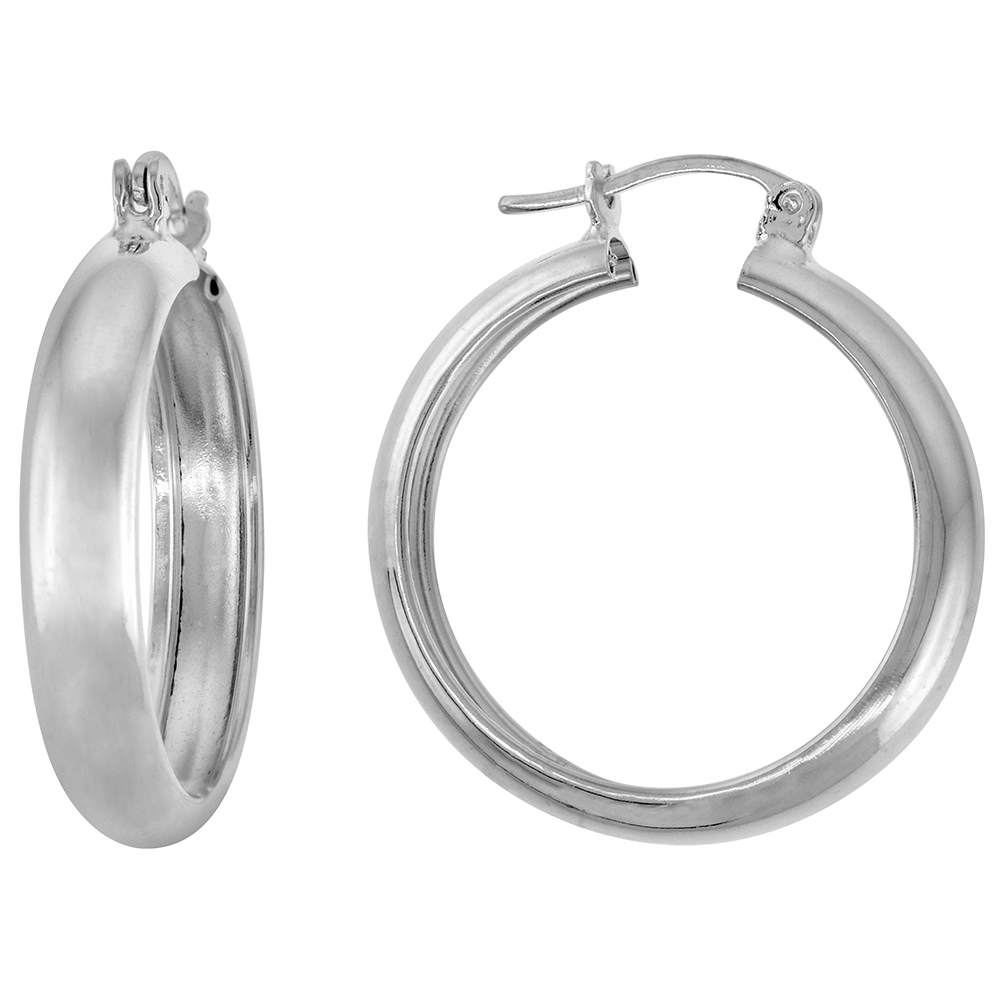 1 inch Sterling Silver Wide Hoop Earrings for Women Click Top Closure High Polished Handmade 3/16 inch (5mm) wide