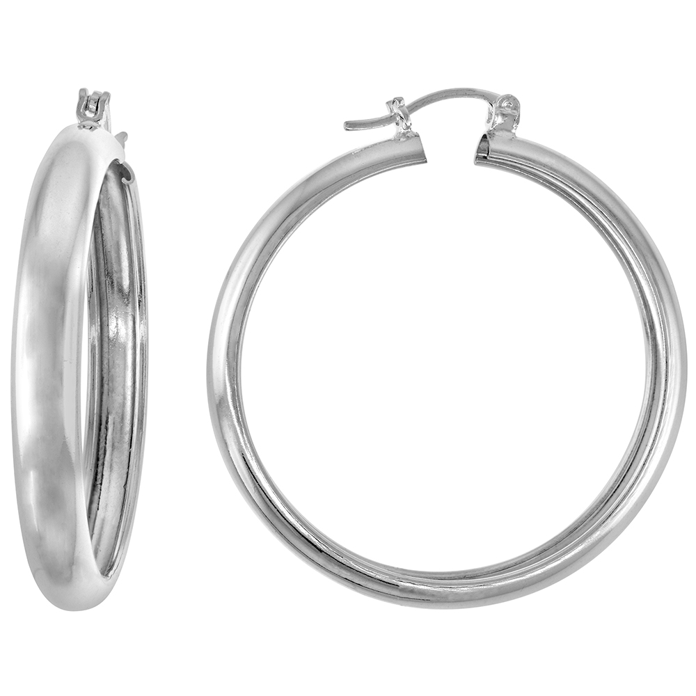1 1/2 inch Sterling Silver Wide Hoop Earrings for Women Click Top Closure High Polished Handmade 3/16 inch (5mm) wide