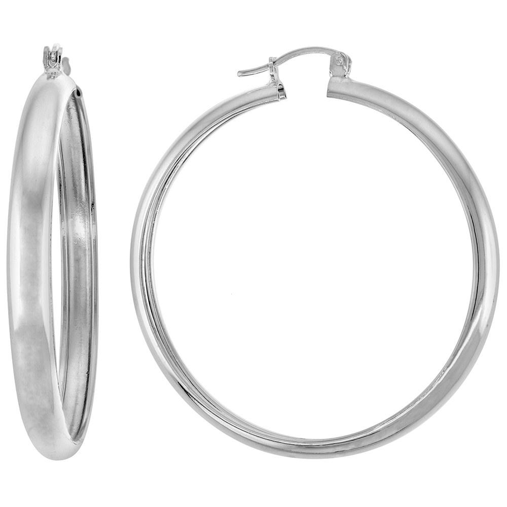1 3/4 inch Sterling Silver Wide Hoop Earrings for Women Click Top Closure High Polished Handmade 3/16 inch (5mm) wide