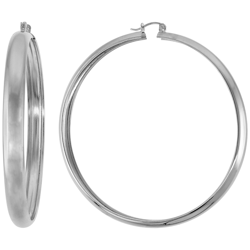 2 3/4 inch Sterling Silver Wide Hoop Earrings for Women Click Top Closure High Polished Handmade 1/4 inch (7mm) wide