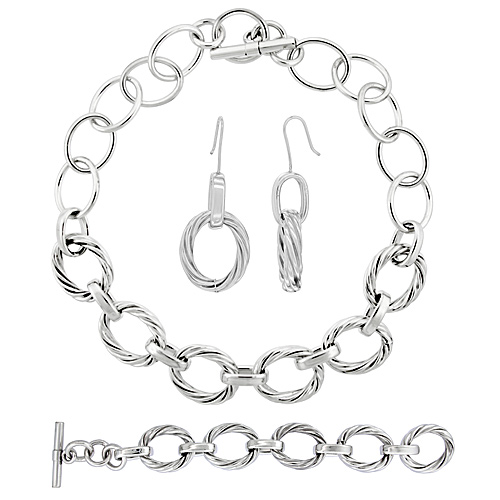 Sterling Silver Twisted Rope Oval Hollow Links Earrings, Necklace and Bracelet Set