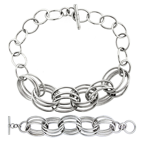 Sterling Silver Triple Circle Hollow Links Necklace and Bracelet Set