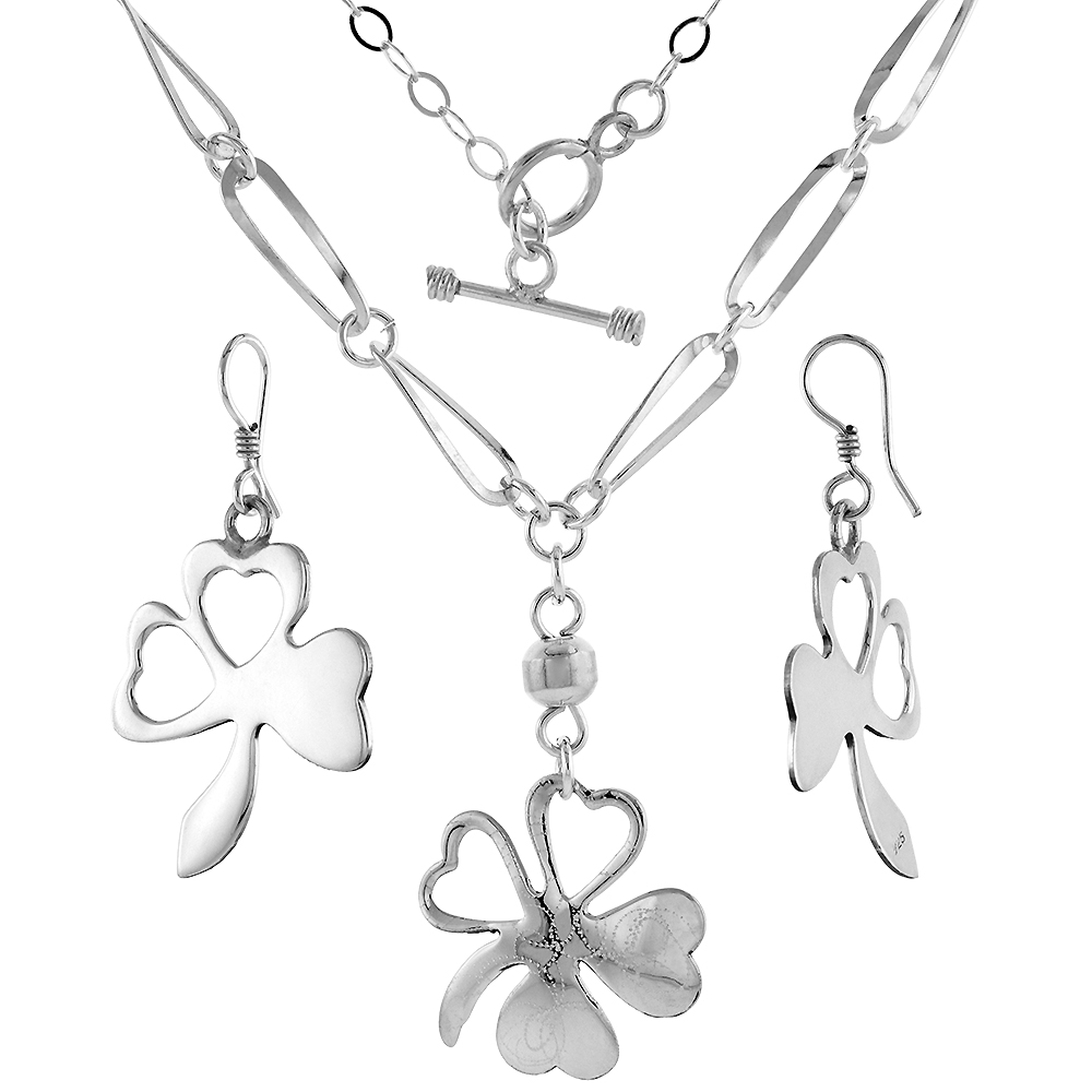Sterling Silver Shamrock Toggle Necklace and Earring Set
