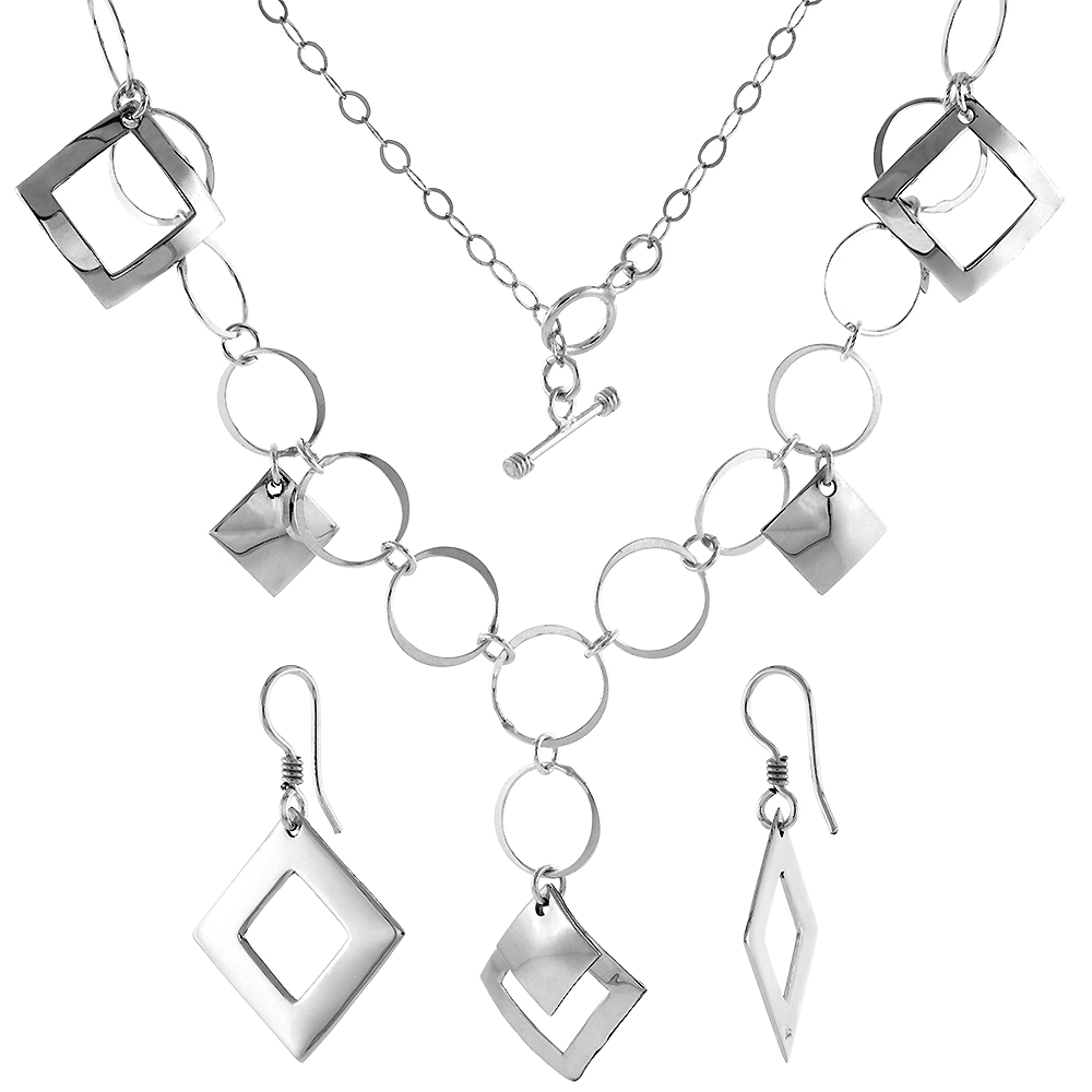 Sterling Silver Geometric Square Toggle Necklace and Earring Set