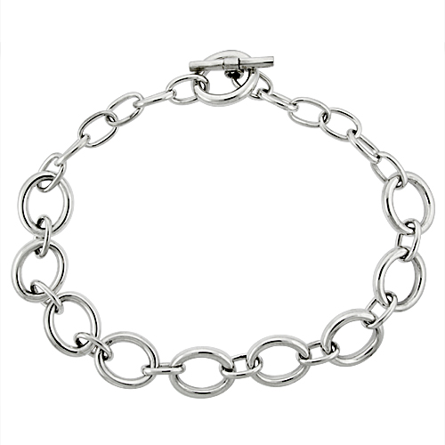 Sterling Silver Alternating Big and Small Oval Links Hollow Toggle Necklace, 20 inches long