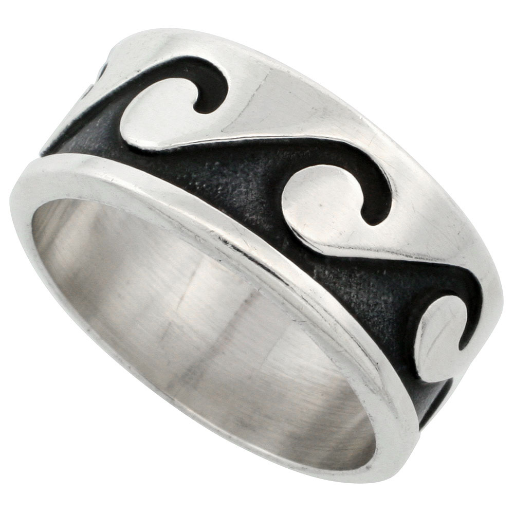 STERLING SILVER WAVE RING FOR MEN SOUTHWESTERN DESIGN 3/8 INCH WIDE SIZES 8-13
