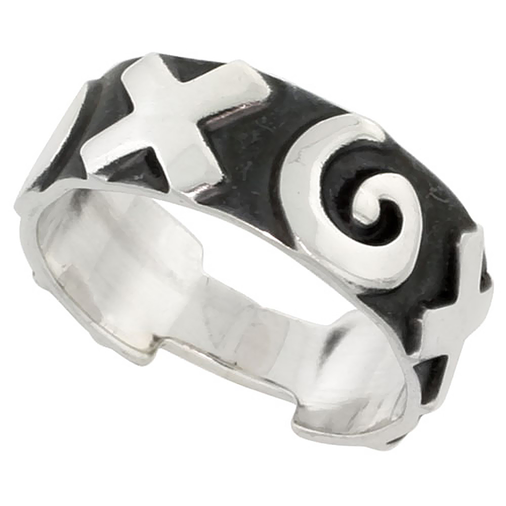 STERLING SILVER SPIRAL AND CROSS RING FOR MEN SOUTHWESTERN DESIGN 3/8 INCH WIDE SIZES 6-13