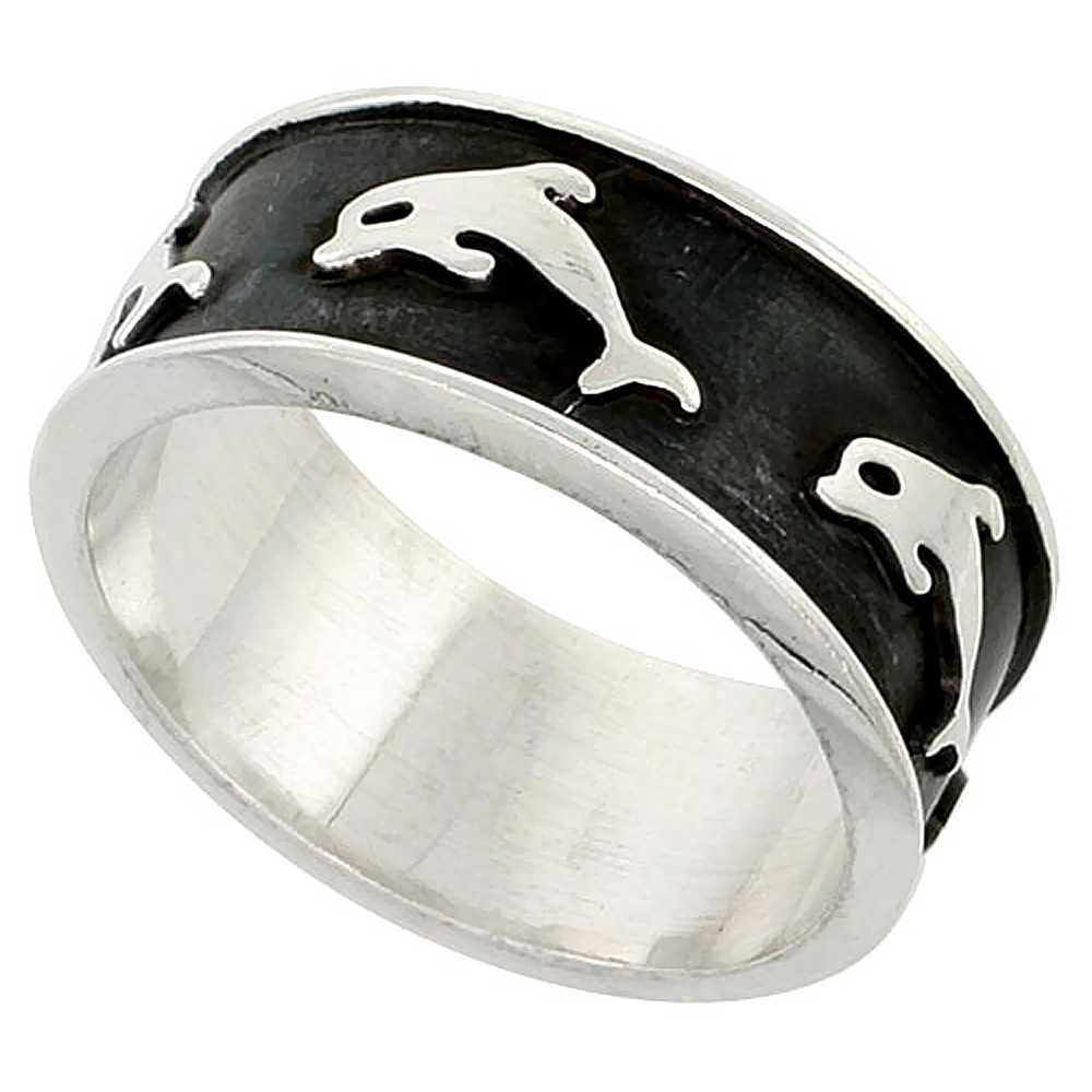 STERLING SILVER SOUTHWESTERN DOLPHIN RING FOR MEN HANDMADE 3/8 INCH WIDE SIZES 8-13