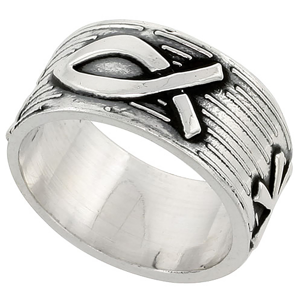 STERLING SILVER LABARUM RING FOR MEN CHI-RHO SYMBOL CHRISTIAN FISH MOTIF HANDMADE 3/8 INCH WIDE SIZES 5-13