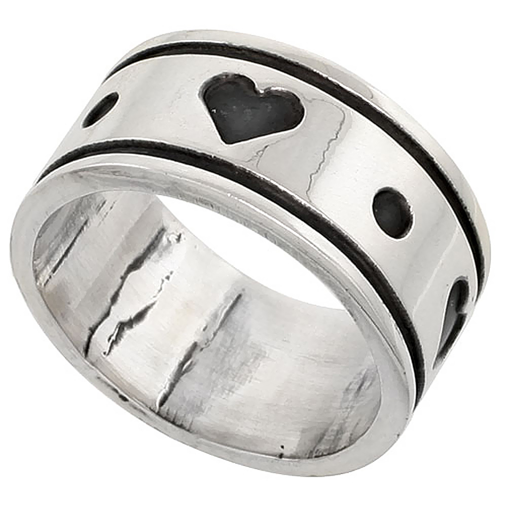 STERLING SILVER HEART RING FOR MEN SOUTHWESTERN DESIGN HANDMADE 3/8 INCH WIDE SIZES 5-13