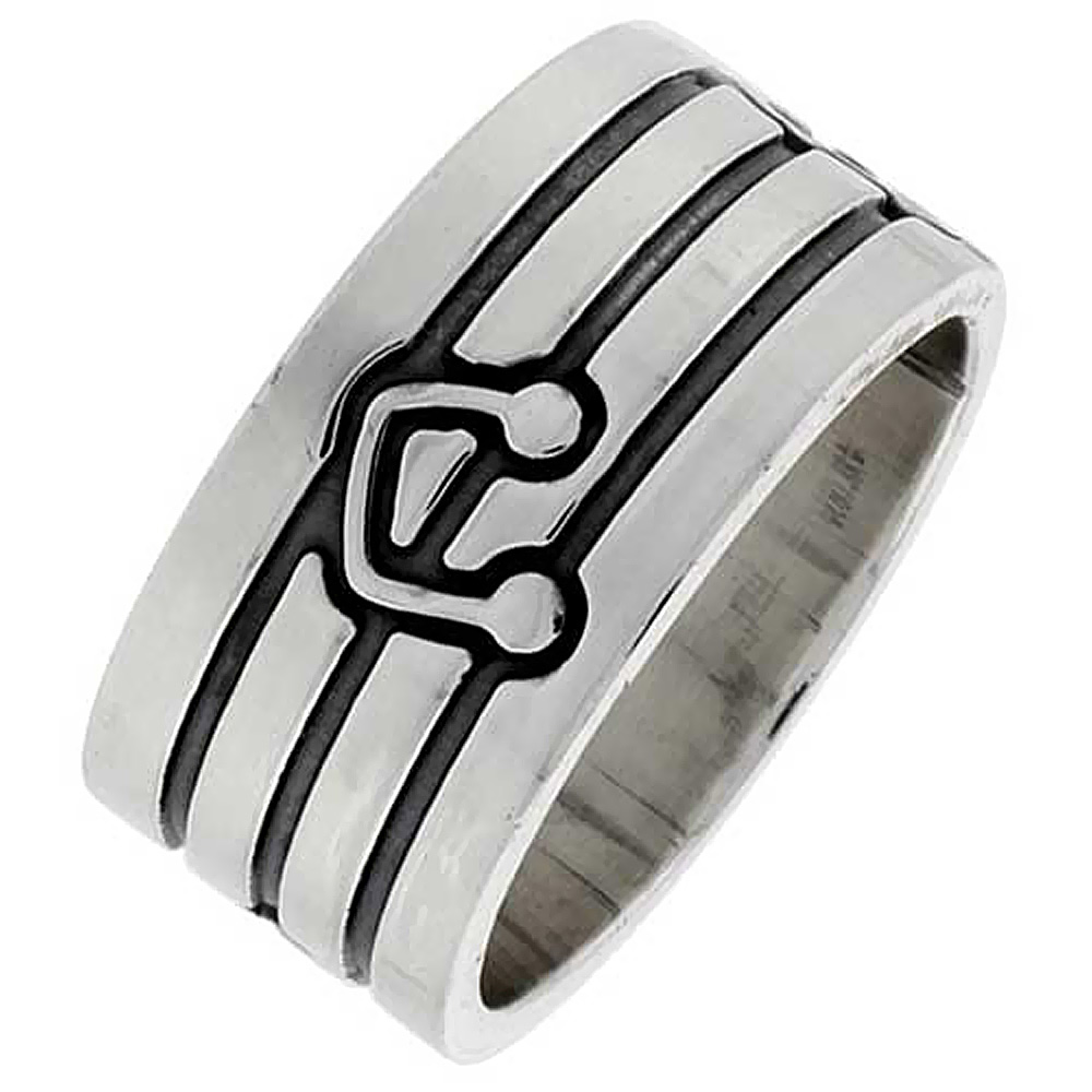 STERLING SILVER MUSICAL NOTE RING FOR MEN SOUTHWESTERN DESIGN HANDMADE 3/8 INCH WIDE SIZES 5-13