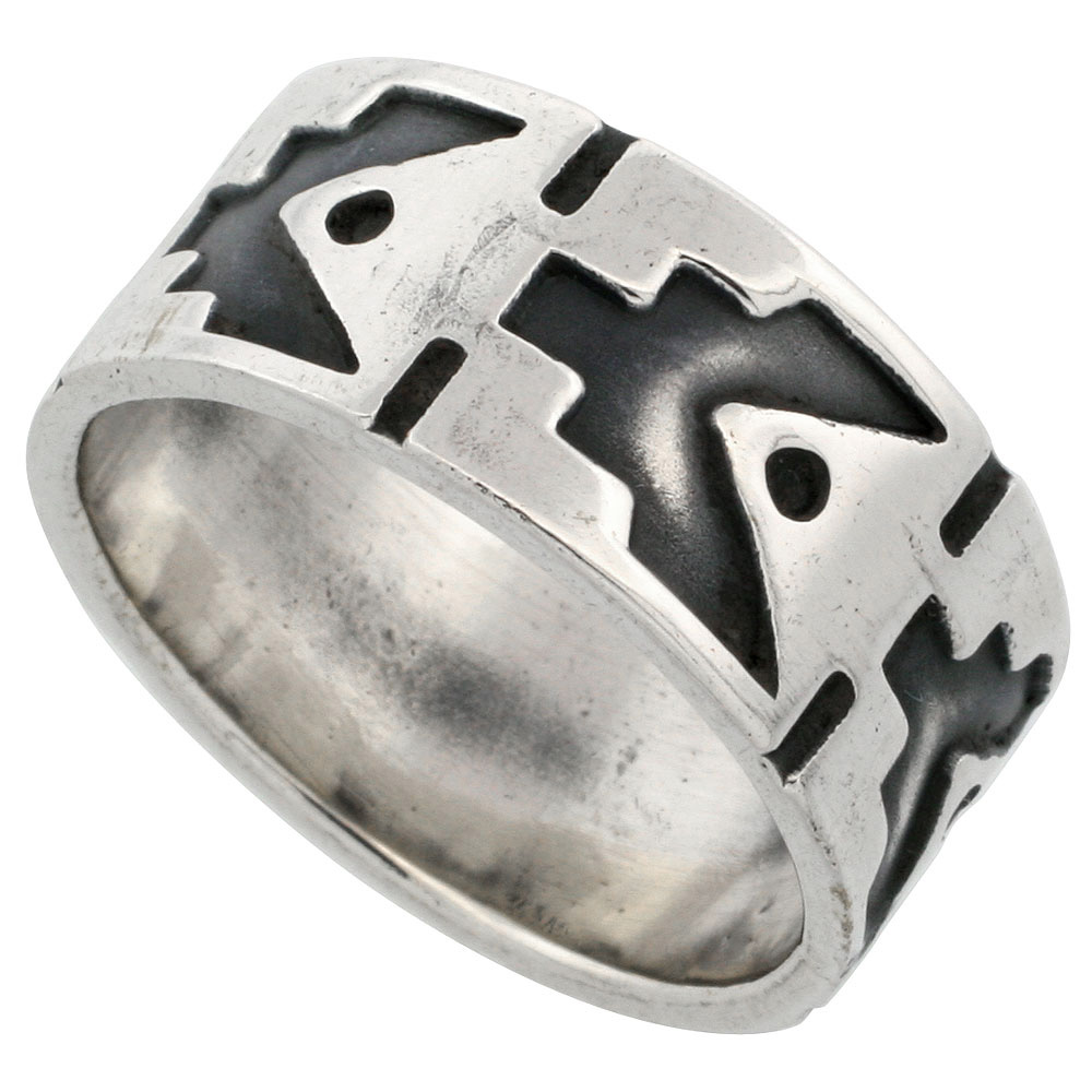 STERLING SILVER AZTEC PATTERN RING FOR MEN SOUTHWESTERN DESIGN HANDMADE 3/8 INCH WIDE SIZES 6-13