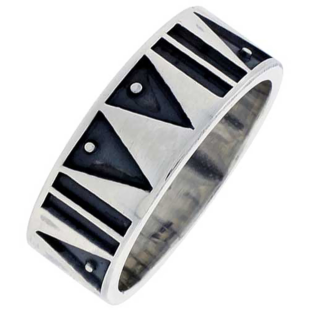 STERLING SILVER AZTEC PATTERN RING FOR MEN SOUTHWESTERN DESIGN HANDMADE 5/16 INCH WIDE SIZES 7-13