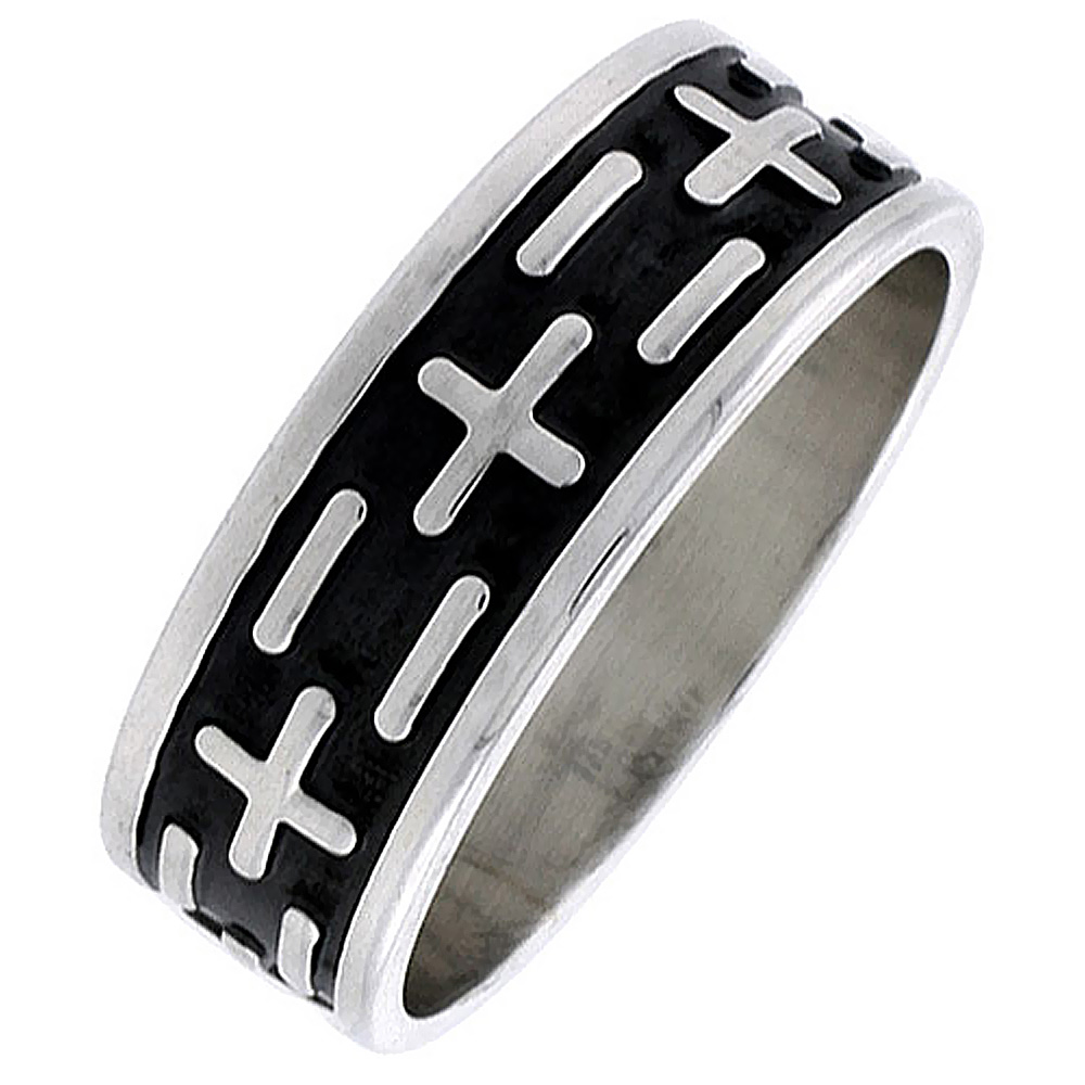 STERLING SILVER MENS SOUTHWEST DESIGN HANDMADE CROSS RING FOR MEN 1/4 INCH WIDE SIZES 7-13