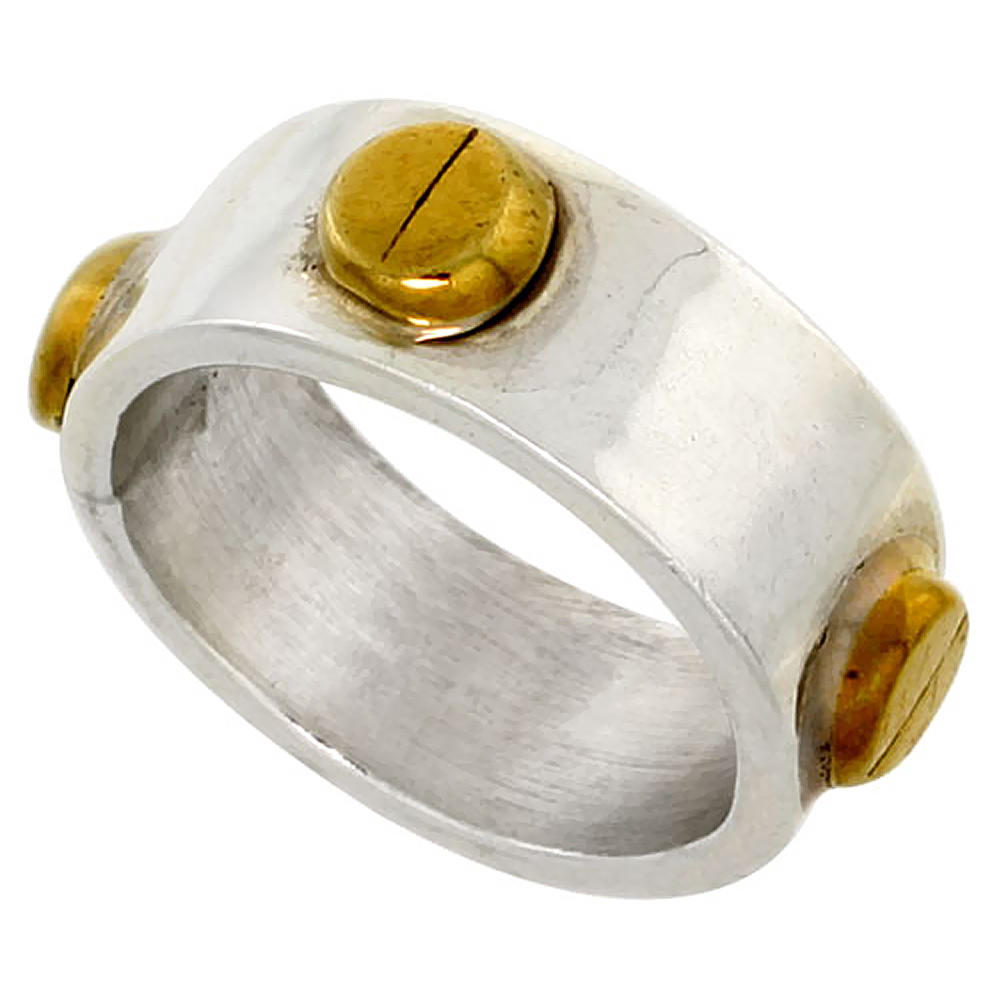 STERLING SILVER RING BRASS SCREW HEADS HANDMADE 5/16 INCH WIDE