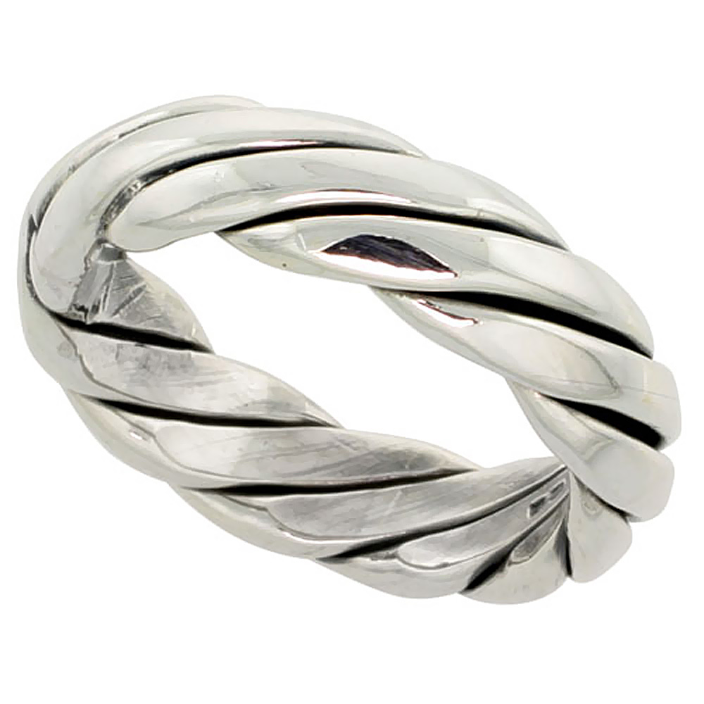 STERLING SILVER TWISTED ROPE WEDDING RING SOLID BACK HEVY HANDMADE 1/4 INCH WIDE