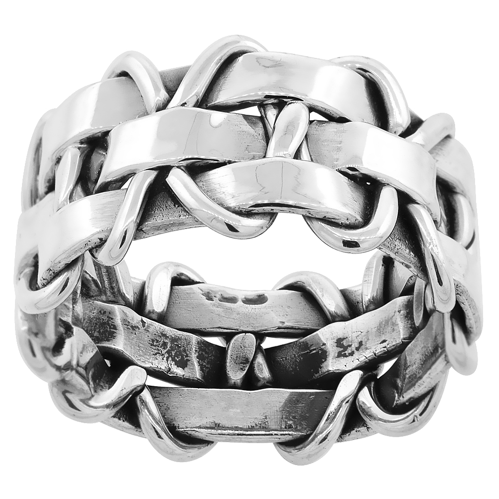STERLING SILVER BASKET WEAVE RING FOR MEN & WOMEN HANDMADE 3/8 INCH WIDE