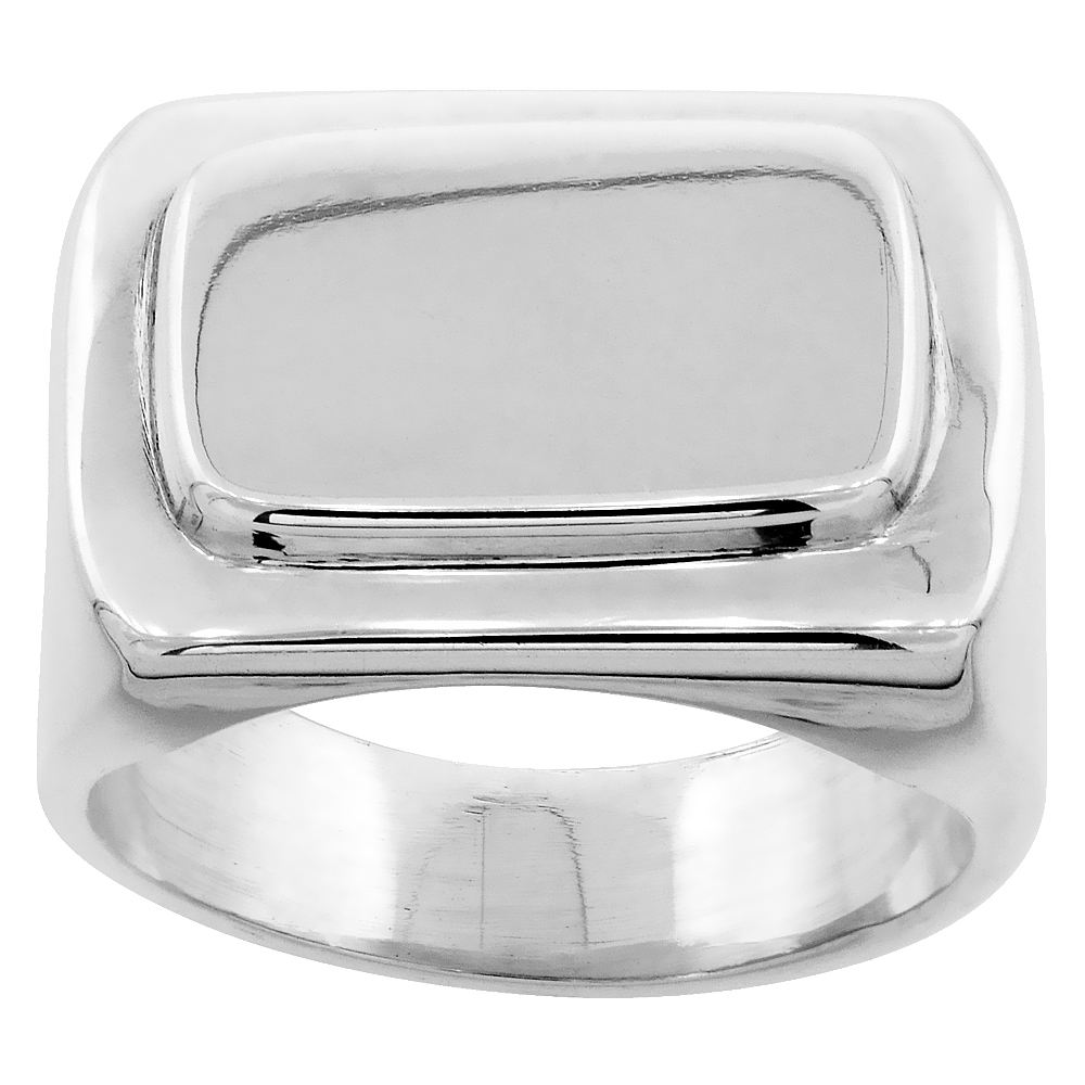 STERLING SILVER LARGE RECTANGULAR SIGNET RING FOR MEN SOLID BACK HANDMADE 7/16 INCH SIZES 7 - 13