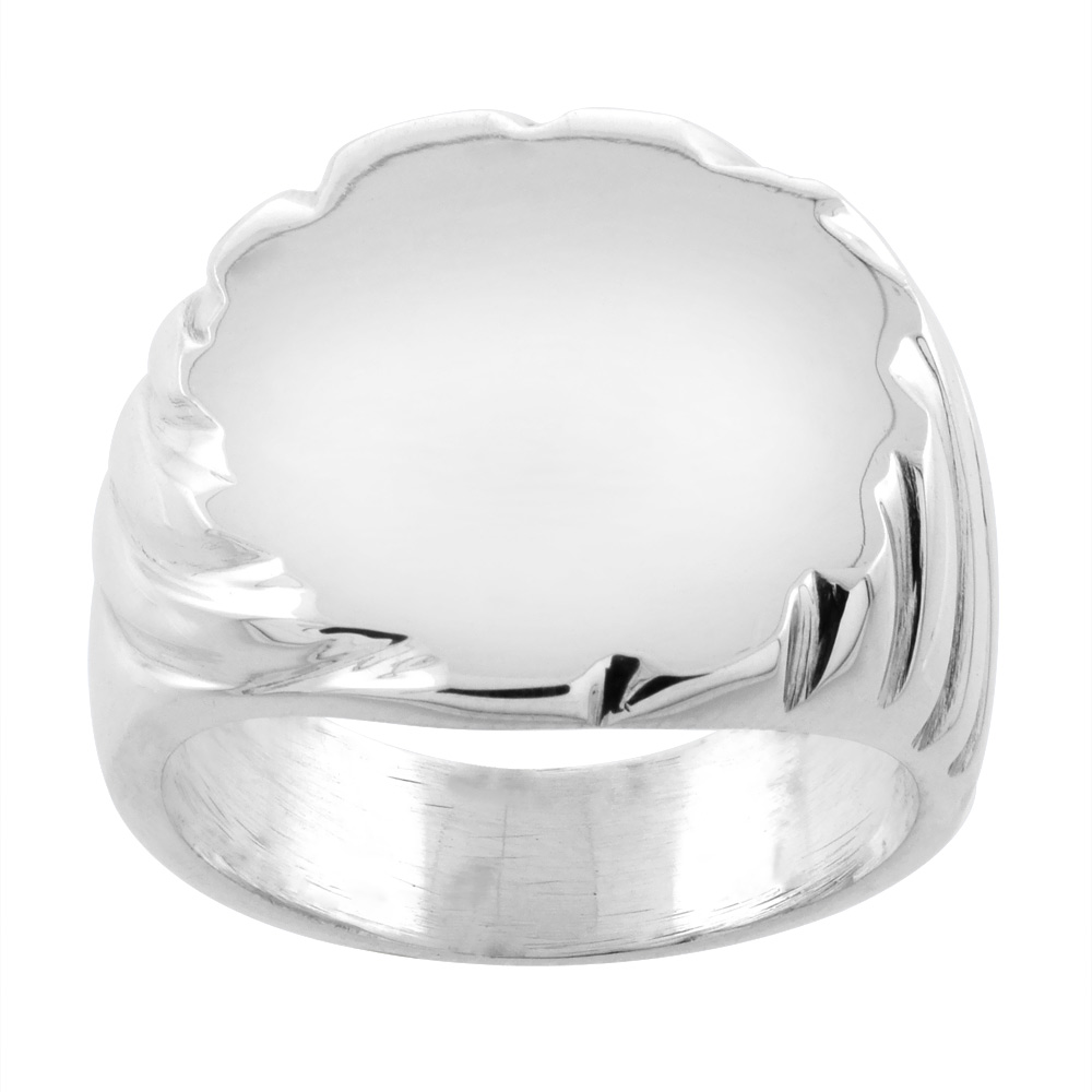 STERLING SILVER LARGE ROUND SIGNET RING FOR MEN GROOVED SIDES SOLID BACK HANDMADE SIZES 9-13
