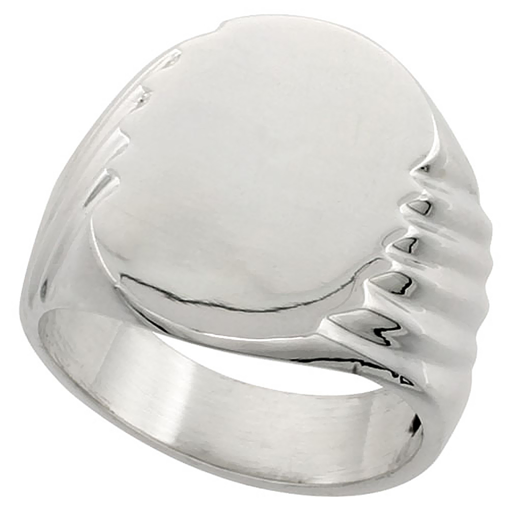 STERLING SILVER LARGE FLAT OVAL SIGNET RING FOR MEN GROOVED SIDES SOLID BACK HANDMADE 9/16 INCH SIZES 9 - 13