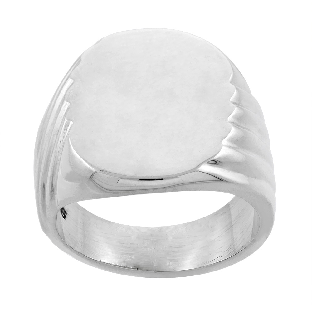 STERLING SILVER LARGE OVAL SIGNET RING FOR MEN DIAGONAL GROOVE SHANK SOLID BACK HANDMADE 5/8 INCH SIZES 9 - 13
