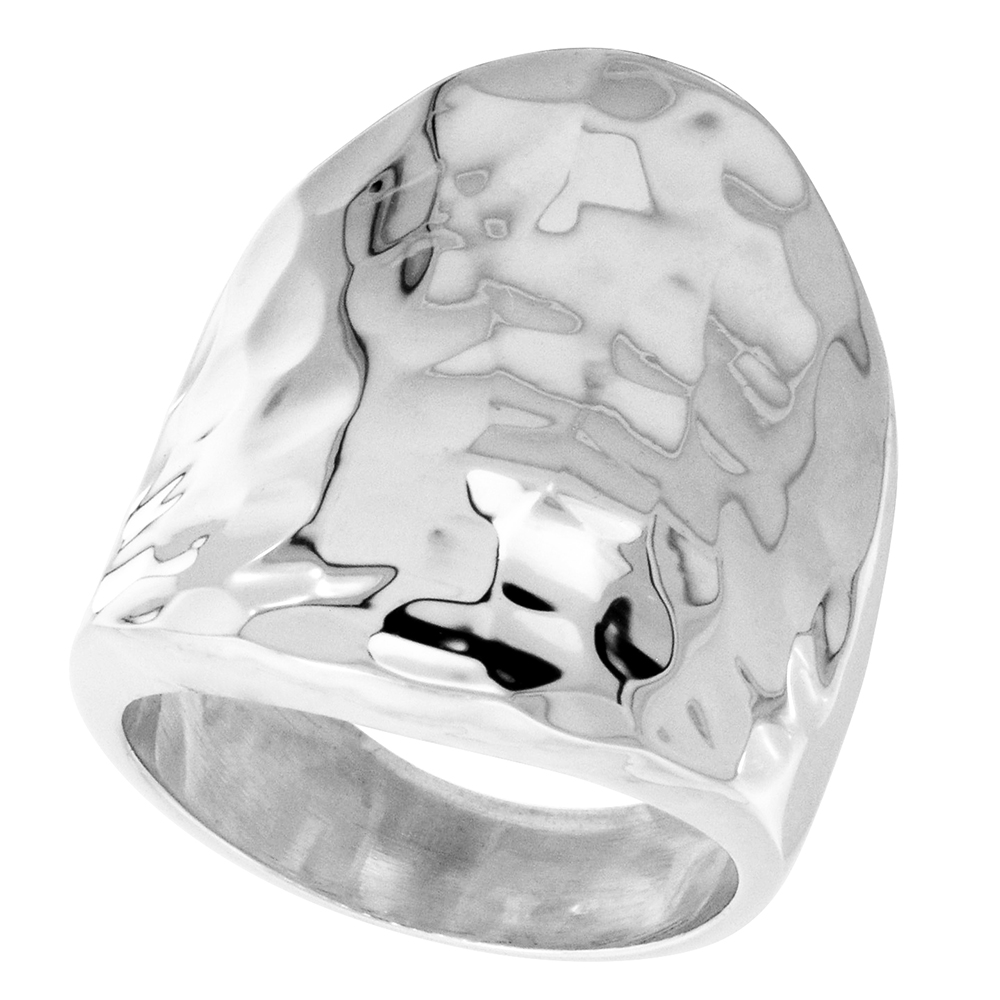 1 1/8 INCH (28MM)STERLING SILVER LONG CIGAR BAND RING FOR WOMEN HAMMERED FINISH CONCAVE SOLID BACK HANDMADE SIZES 5-13