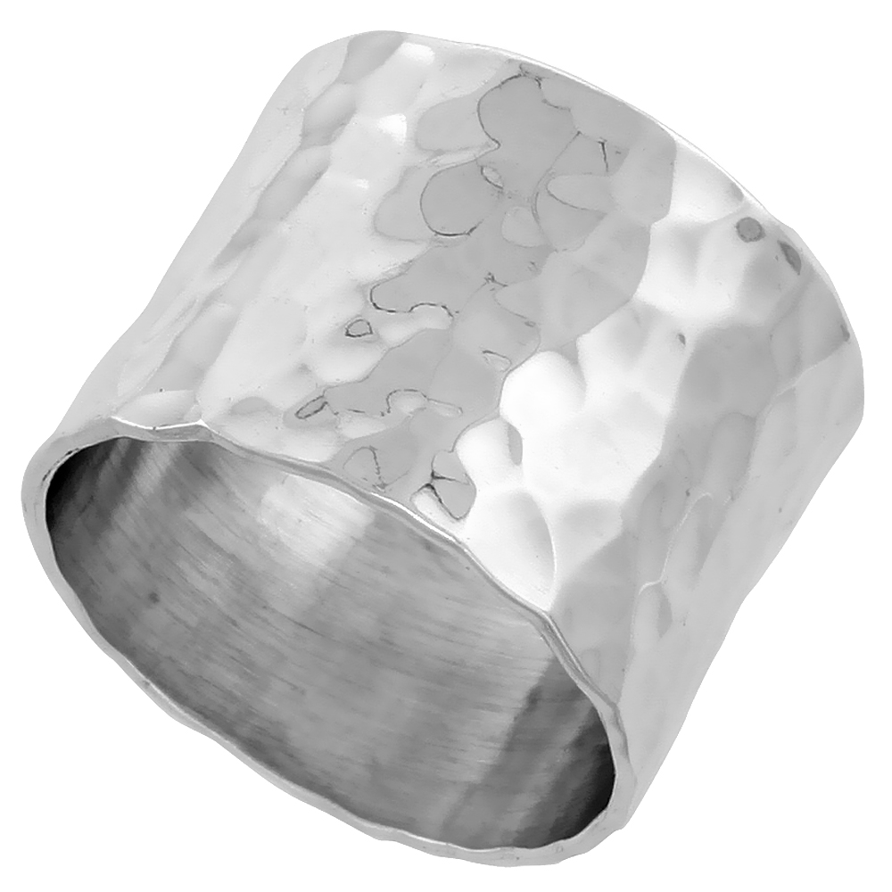 STERLING SILVER 14MM HAMMERED WEDDING RING FOR WOMEN VERY WIDE HANDMADE 9/16 INCH WIDE