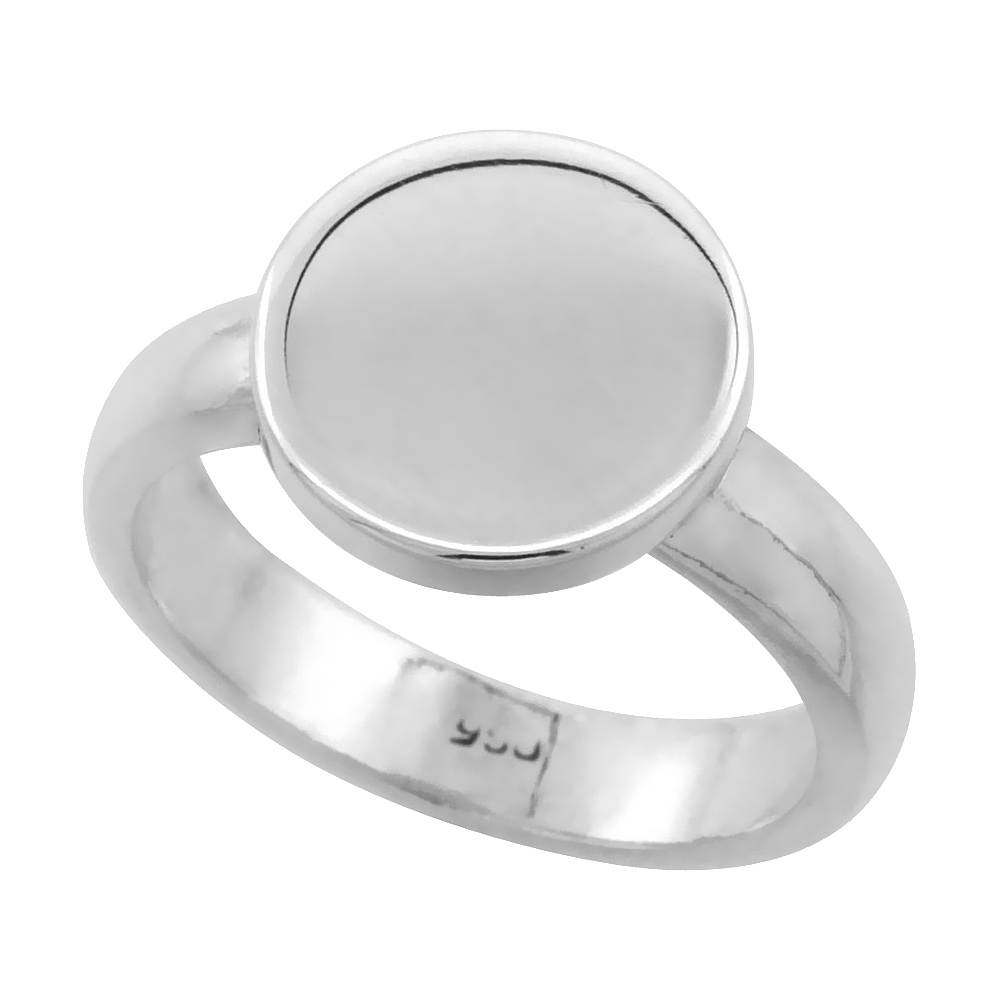 SMALL STERLING SILVER ROUND BOTTON SIGNET RING FOR WOMEN HIGH POLISHED HANDMADE 3/4 INCH (21 MM) WIDE