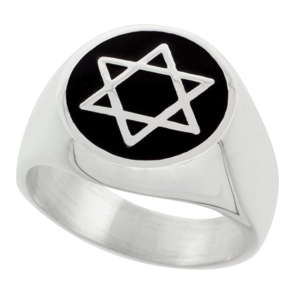 STERLING SILVER STAR OF DAVID RING FOR MEN BLACK RESIN INLAY ROUND SHAPE 16MM WIDE SIZES 7 - 13