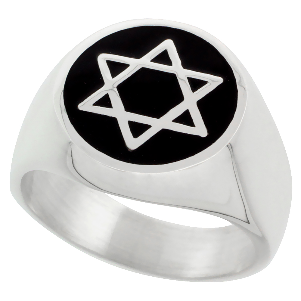 Sterling Silver Star of David Ring Black Resin Inlay Round Shape 16mm wide, sizes 7 - 13