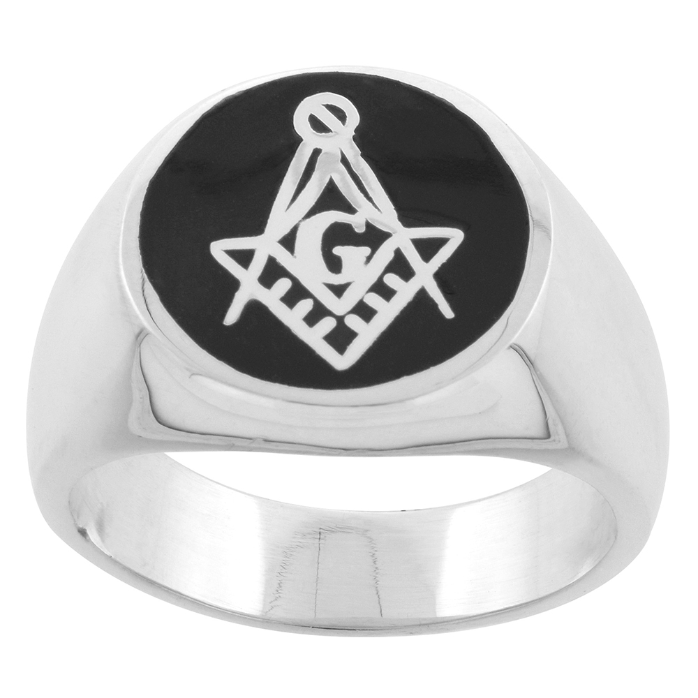 STERLING SILVER MASONIC SQUARE AND COMPASS RING FOR MEN BLACK RESIN INLAY 16MM WIDE SIZES 8 - 13