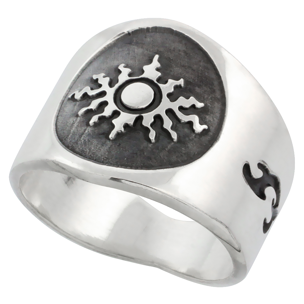 Sterling Silver Sun Ring for Men with Flames Sides 17mm wide, sizes 8 - 13