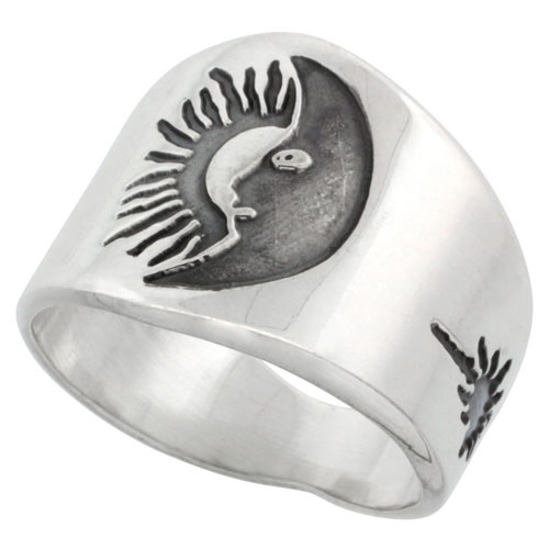 Sterling Silver Sun &amp; Moon Ring for Men with Sunburst Design Sides 17mm wide, sizes 8 - 13