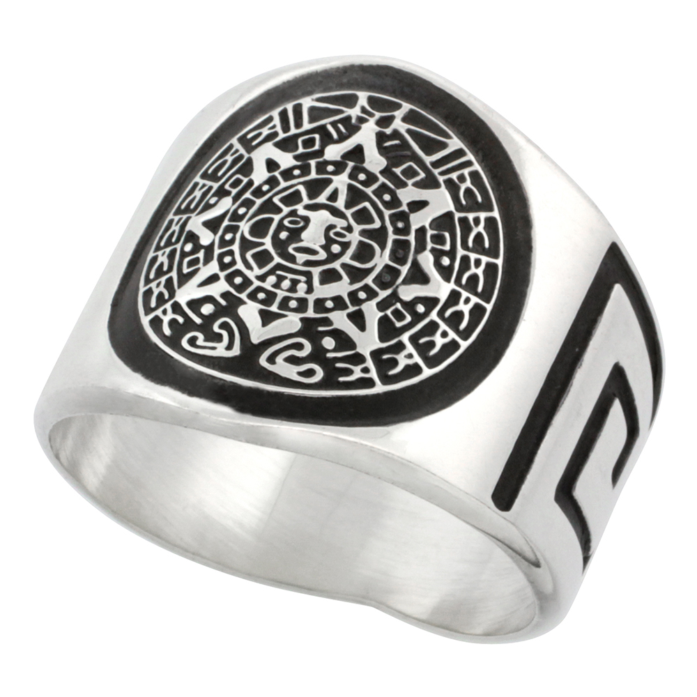 STERLING SILVER MENS AZTEC CALENDAR RING FOR MEN GREEK KEY PATTERN SIDES 18MM WIDE SIZES 8 - 13