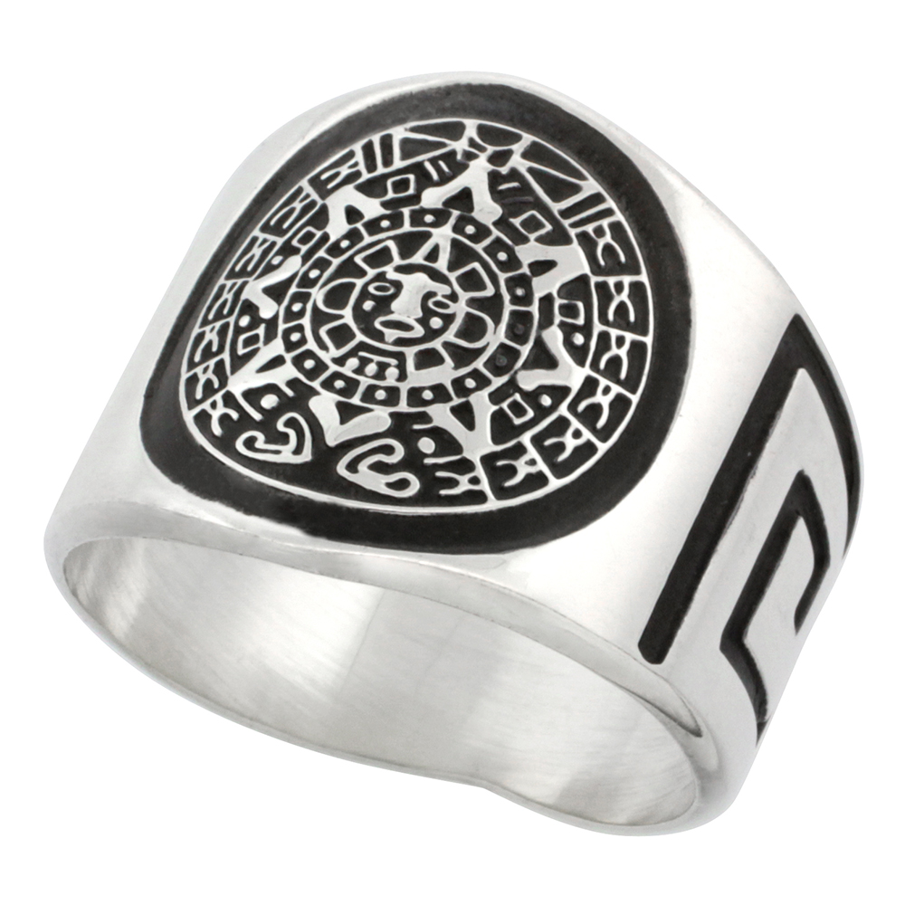 Sterling Silver Mens Aztec Calendar Ring Greek Key Pattern Sides 18mm wide, sizes 8 - 13