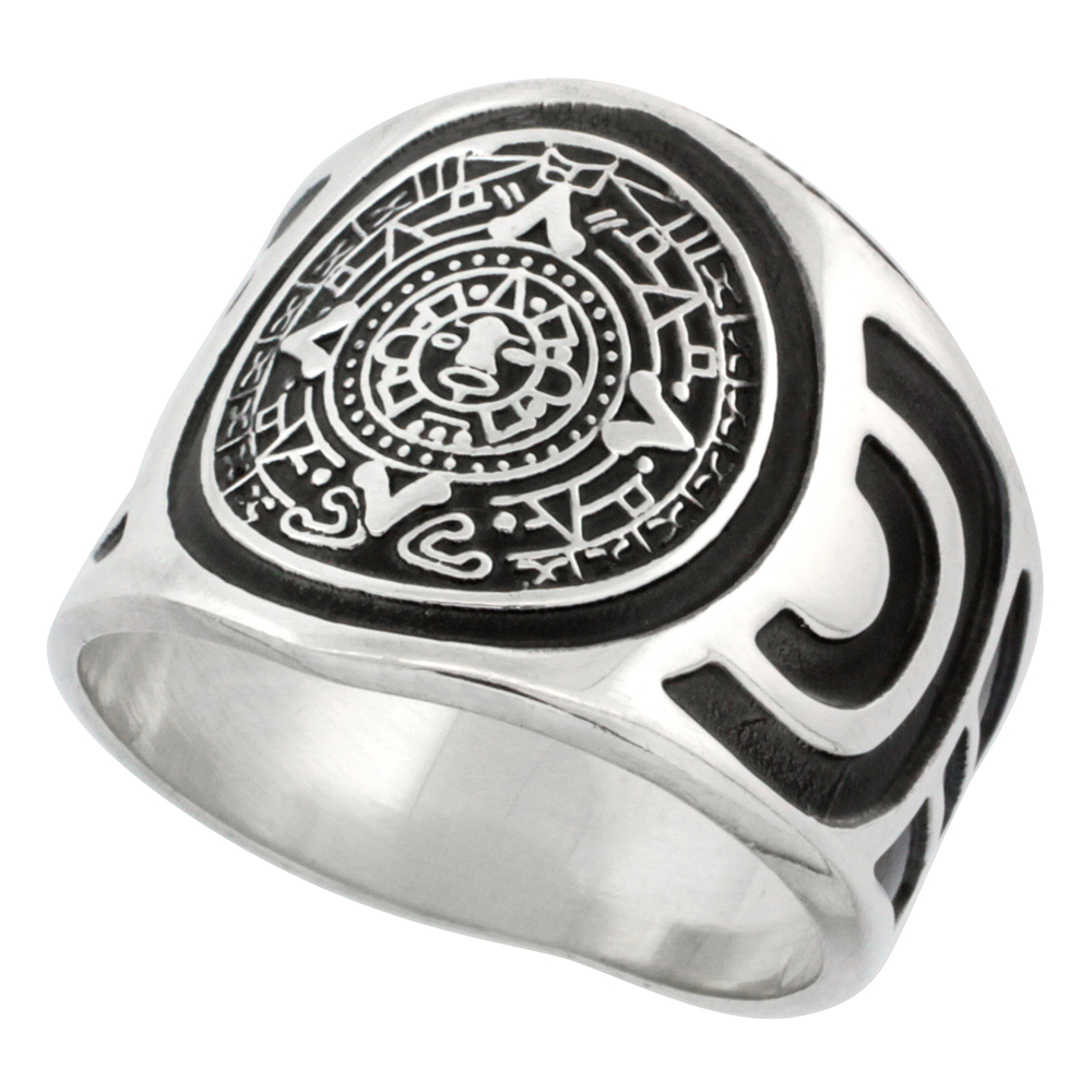 STERLING SILVER AZTEC CALENDAR MAYAN SUN RING FOR MEN AZTEC DESIGN SIDES 18MM WIDE SIZES 8 - 13