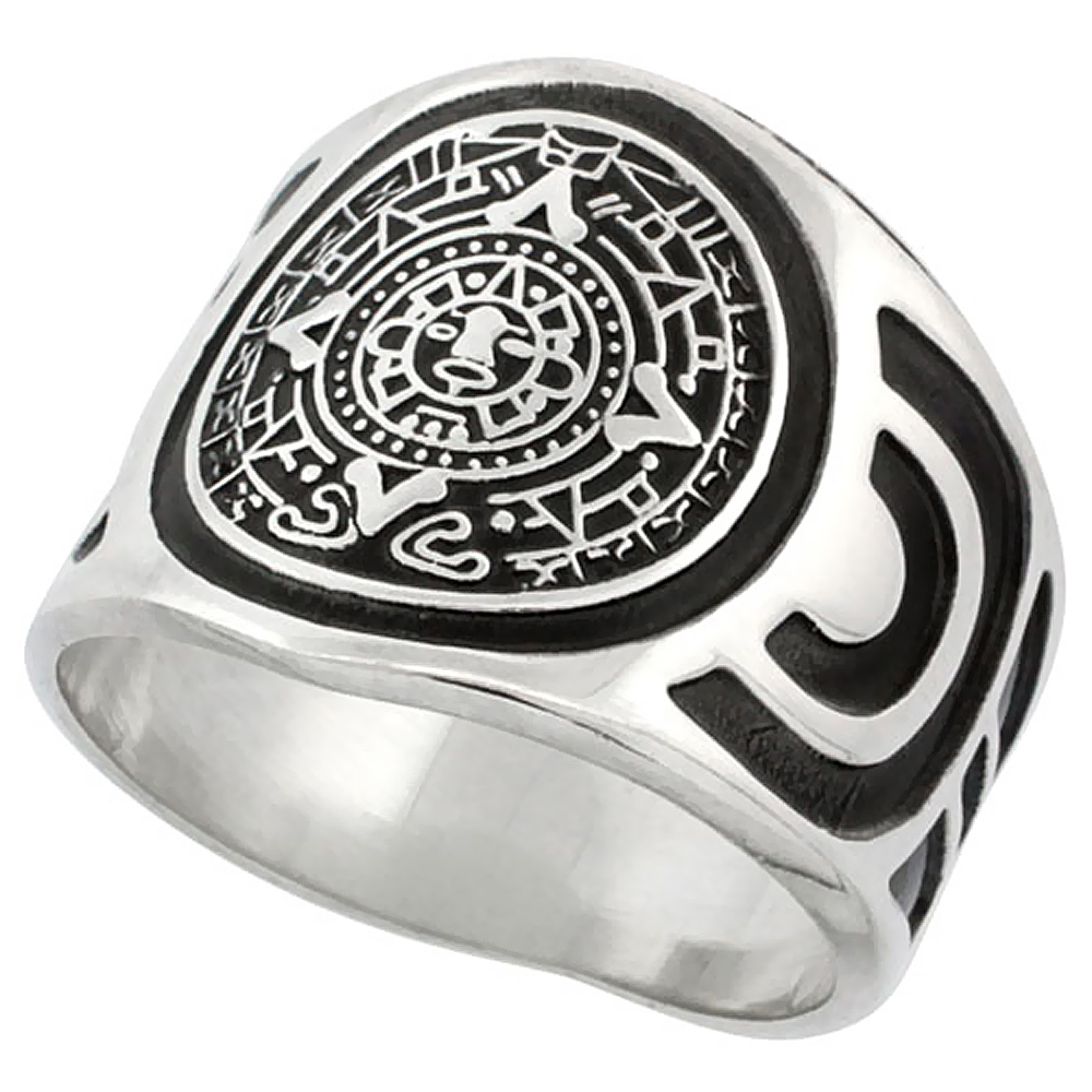 Sterling Silver Aztec Calendar Mayan Sun Ring for Men Aztec Design Sides 18mm wide, sizes 8 - 13