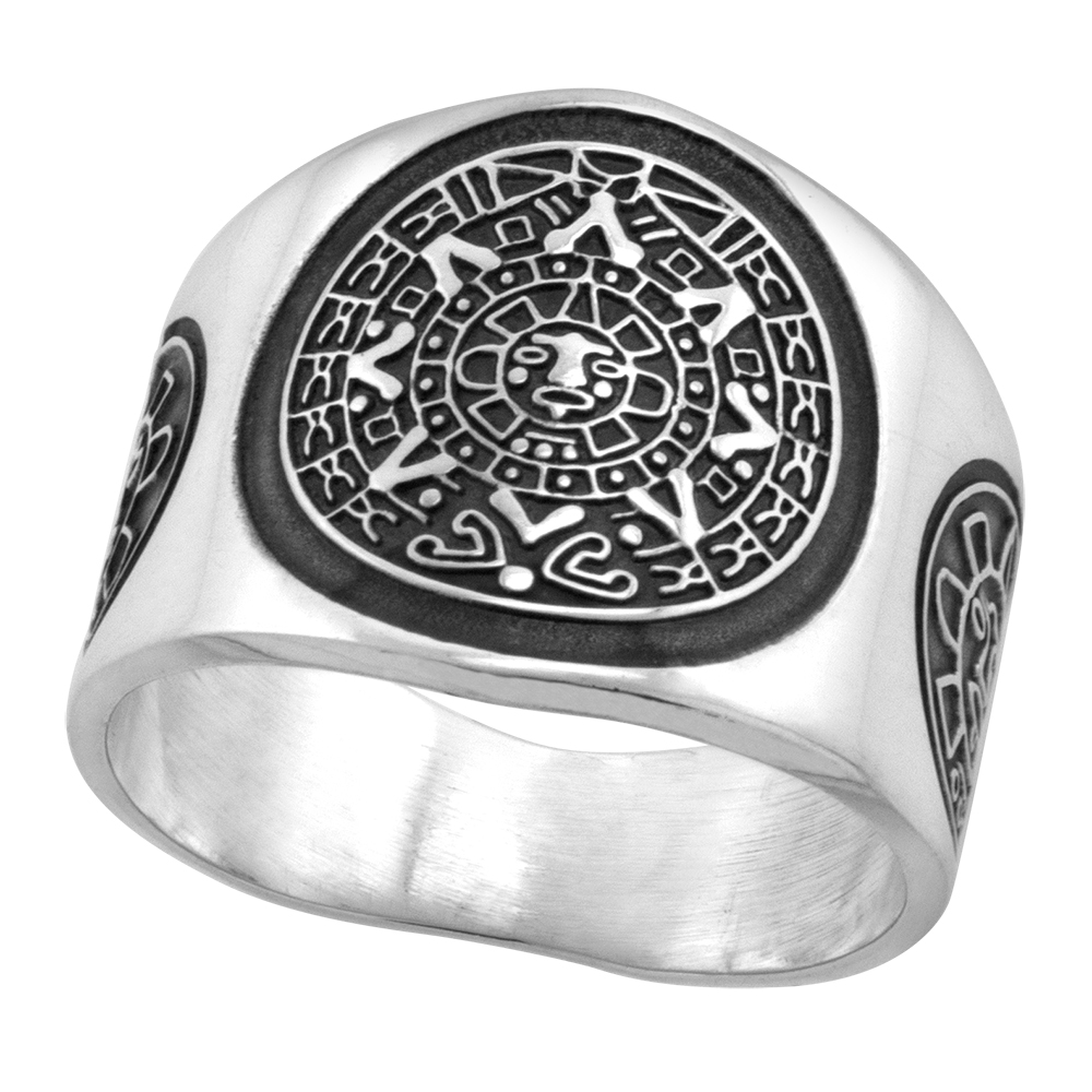 Sterling Silver Aztec Calendar Ring for Men Mayan Sun Sides 18mm wide, sizes 8 - 13