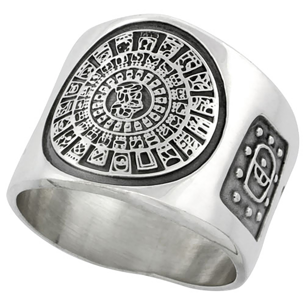 Sterling Silver Aztec Calendar Ring for Men Imix Inscription Sides 18mm wide, sizes 8 - 13
