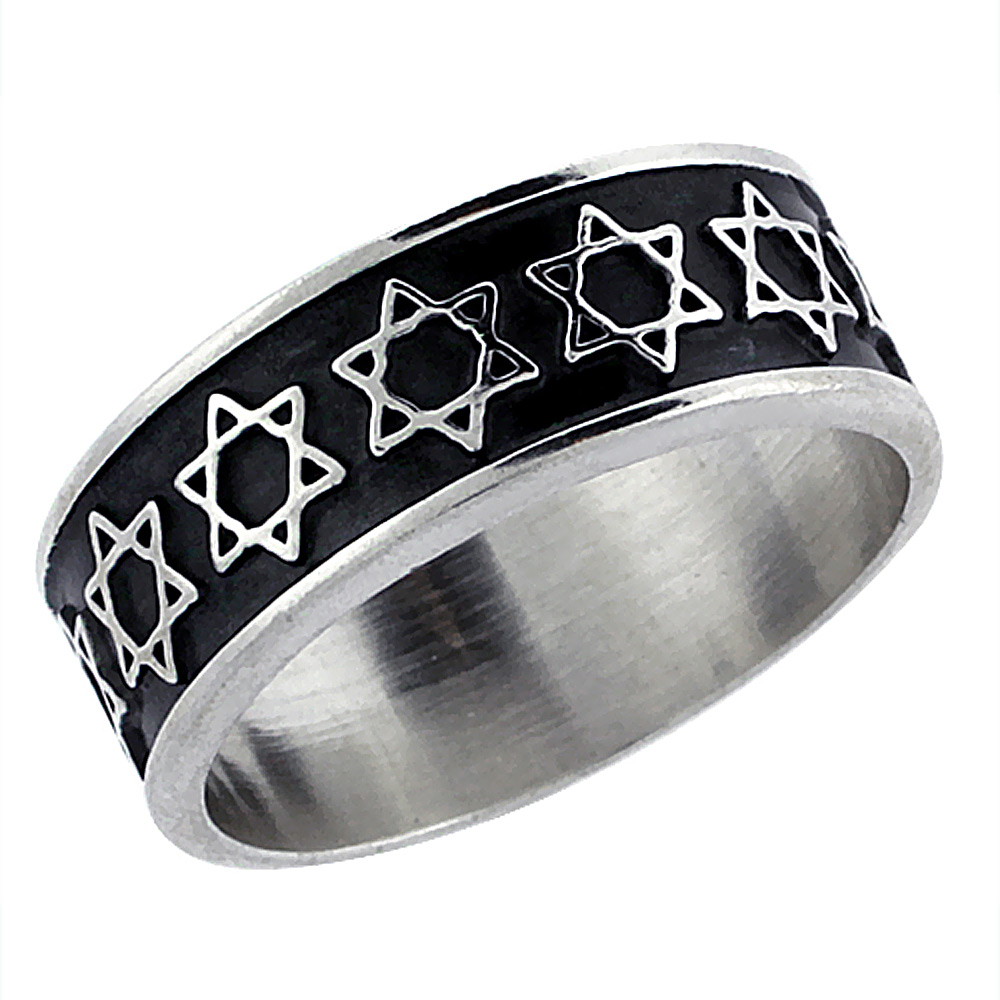 STERLING SILVER STAR OF DAVID WEDDING BAND RING FOR MEN 5/16 INCH WIDE SIZES 8 - 13 WITH HALF SIZES