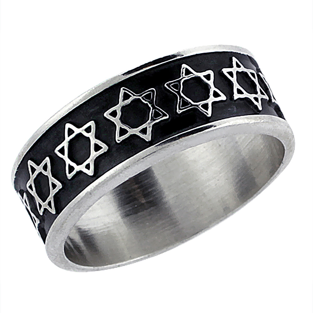 Sterling Silver Star of David Wedding Band 5/16 inch wide, sizes 8 - 13 with half, sizes