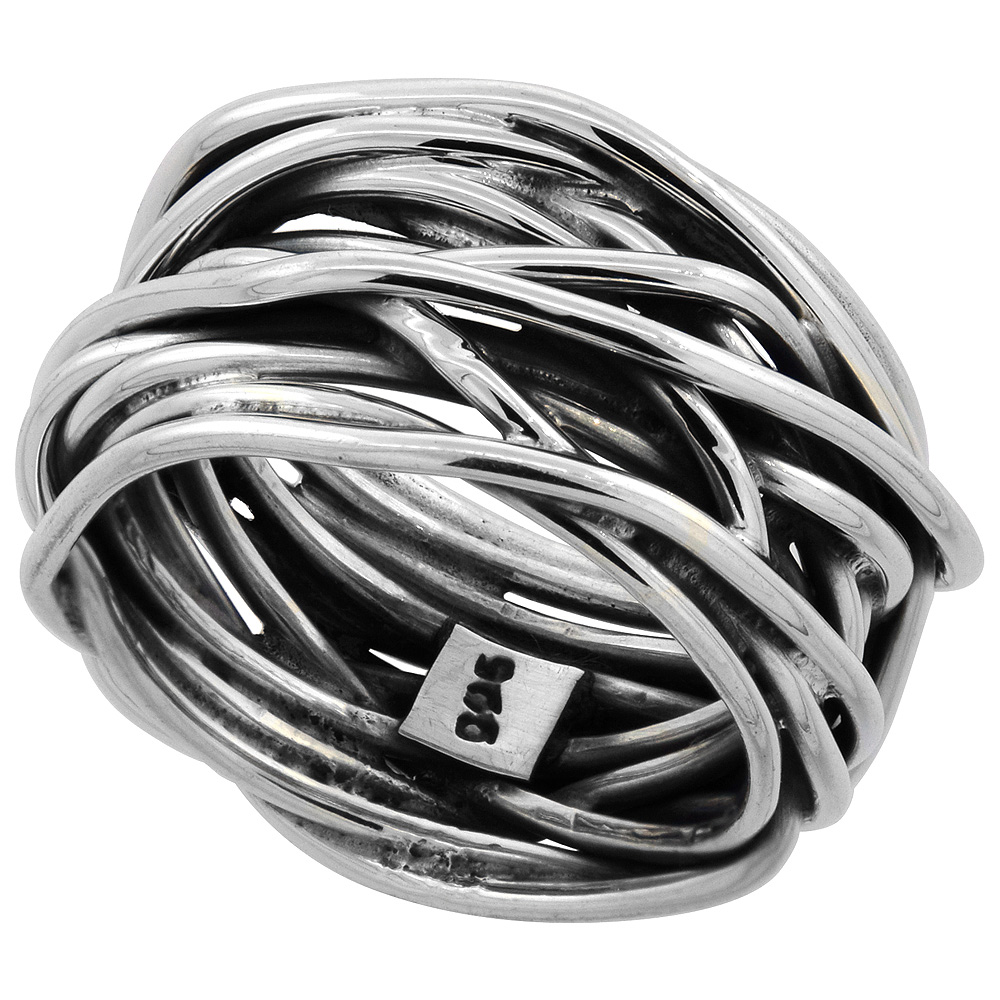 STERLING SILVER MULTI LAYERED WRAPPED WIRE RING FOR WOMEN 12MM WIDE SIZES 6 - 10