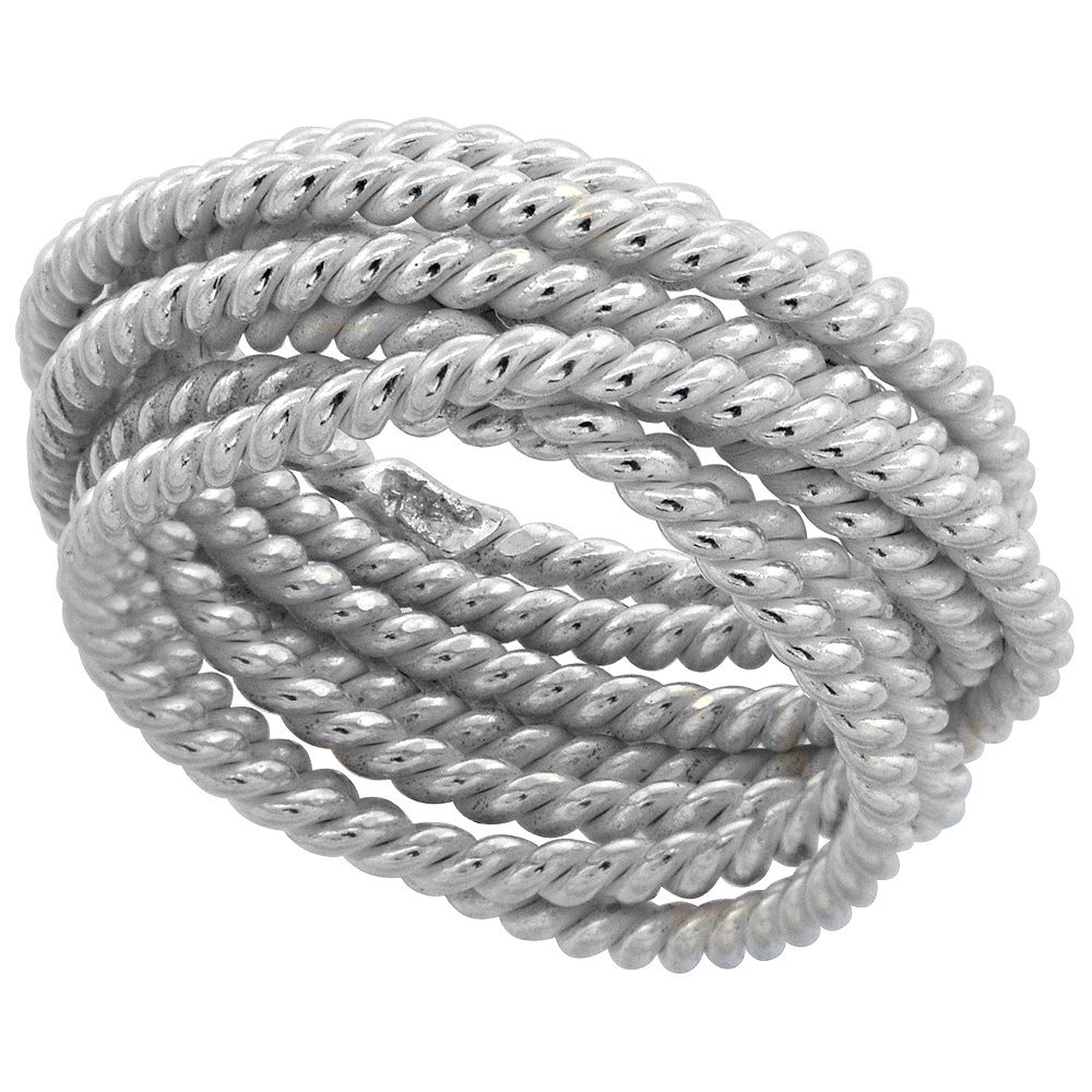Sterling Silver Wrapped Rope Wire Ring Handmade 7/16 inch wide, sizes 6 - 10