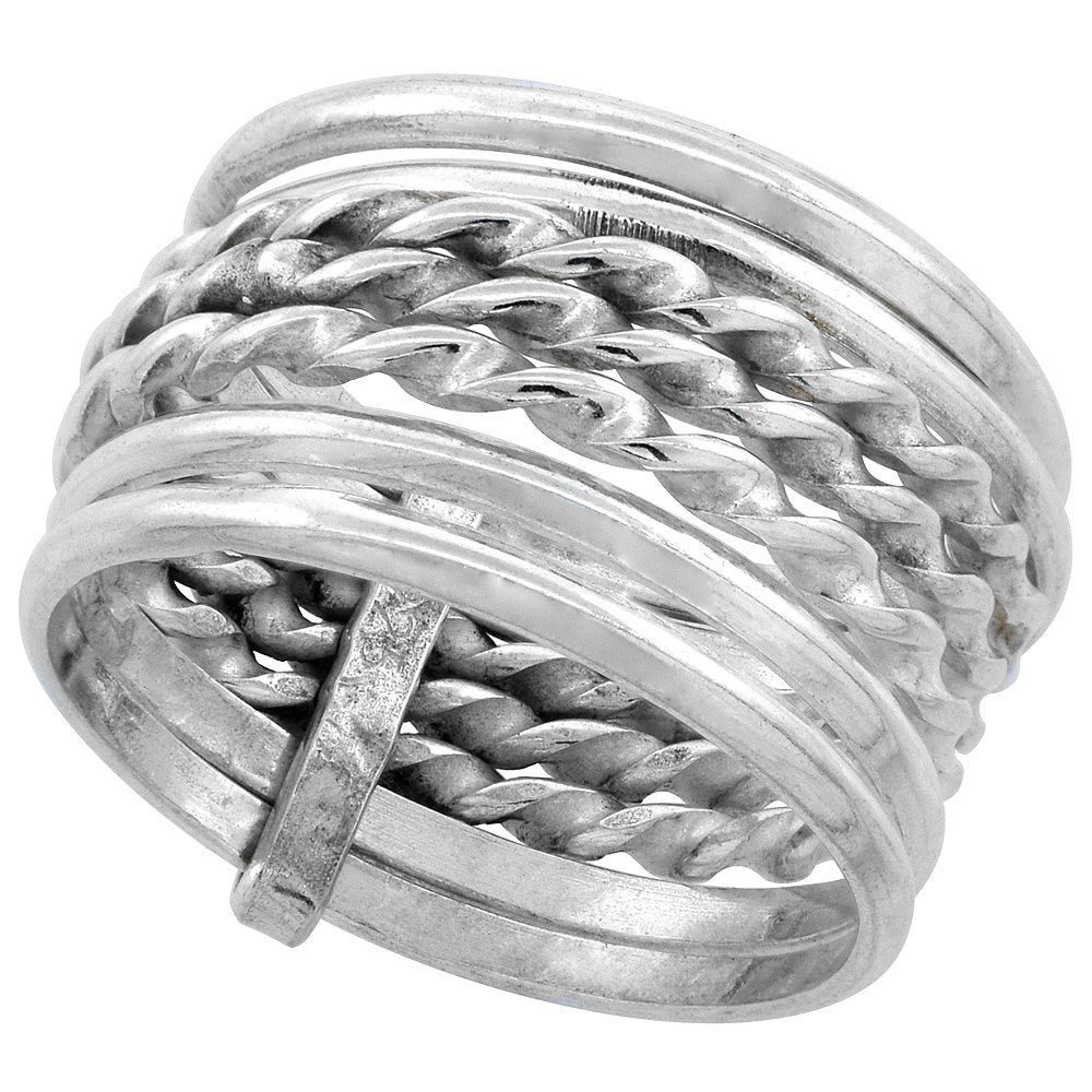 STERLING SILVER 7 DAY RING FOR WOMEN TWISTED & ROUND WIRE HANDMADE 1/2 INCH WIDE SIZES 6 - 10