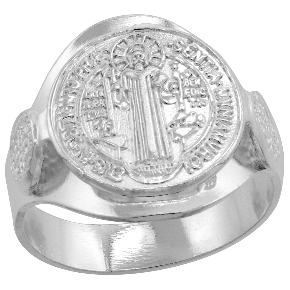 5/8 inch Round Sterling Silver Signet St Benedict Ring for Women sizes 5 - 10