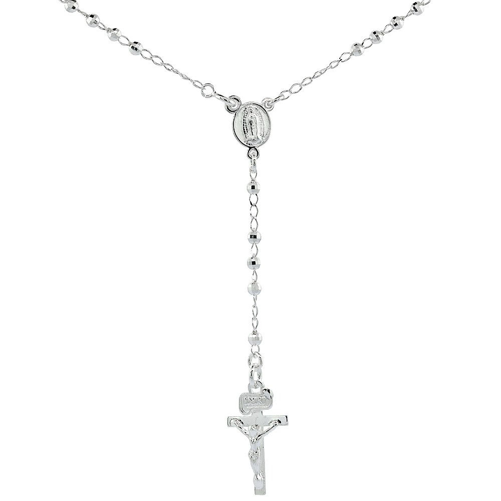 STERLING SILVER ROSARY NECKLACE 3 MM FACETED BEADS, 18 INCHES LONG