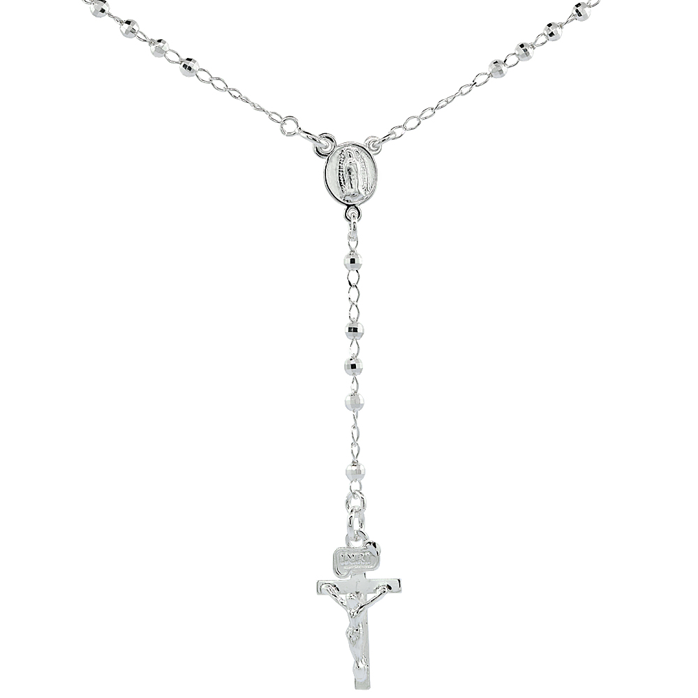Sterling Silver Rosary Necklace 3 mm Faceted Beads, 18 inches long