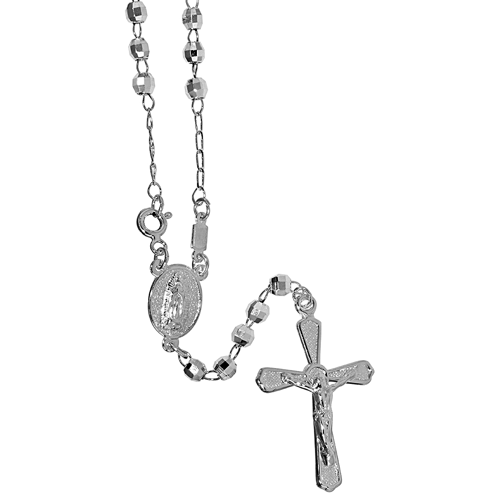 Sterling Silver 4 mm Diamond Cut Rosary Necklace for Men &amp; Women Textured Crucifix Guadalupe Medal Center Nickel Free