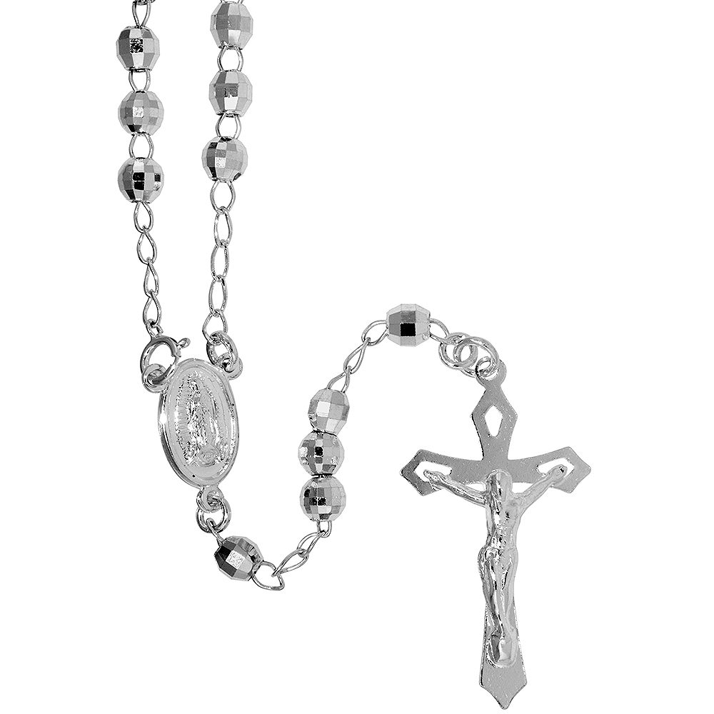 Sterling Silver 5 mm Diamond Cut Rosary Necklace for Men & Women Guadalupe Medal Center Nickel Free